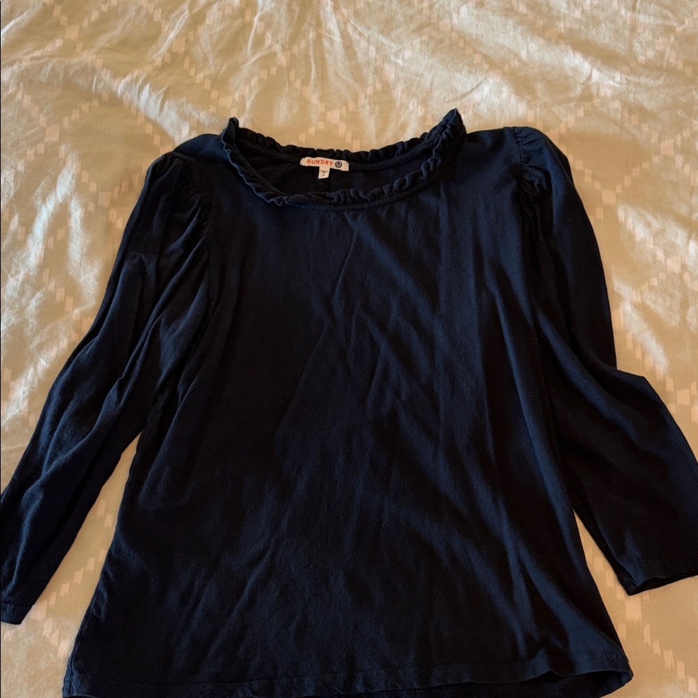 Sundry Navy Long Sleeve Ruffle Neck Top